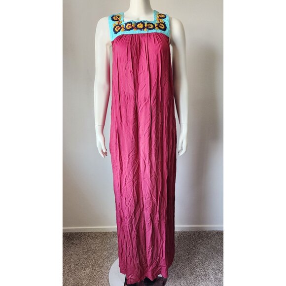 Silvia Suarez blue yellow embroidered floral burgundy red maxi babydoll dress S - Picture 1 of 4
